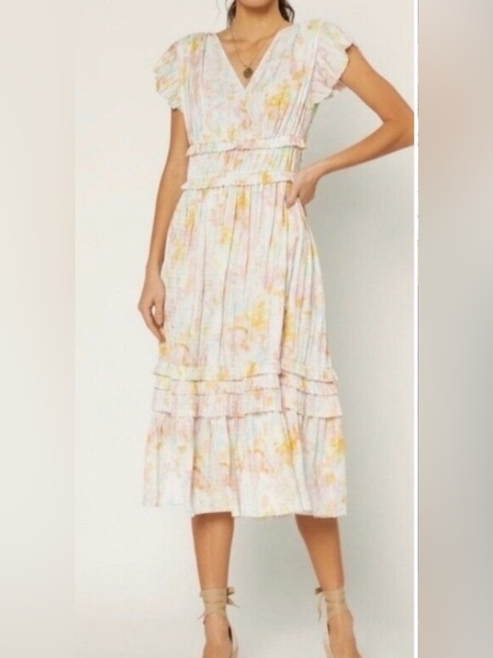 Current Air | Sereia Watercolor Pleated Midi Dress - Picture 6 of 7